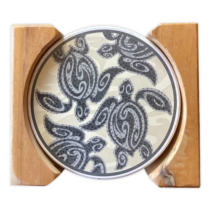 ISLANDERGRP Rings Tribal Honu Coaster Set with Holder 4Piece
