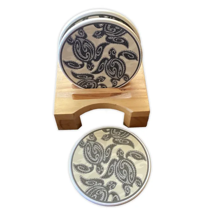 ISLANDERGRP Rings Tribal Honu Coaster Set with Holder 4Piece