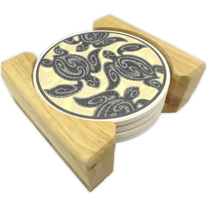 ISLANDERGRP Rings Tribal Honu Coaster Set with Holder 4Piece