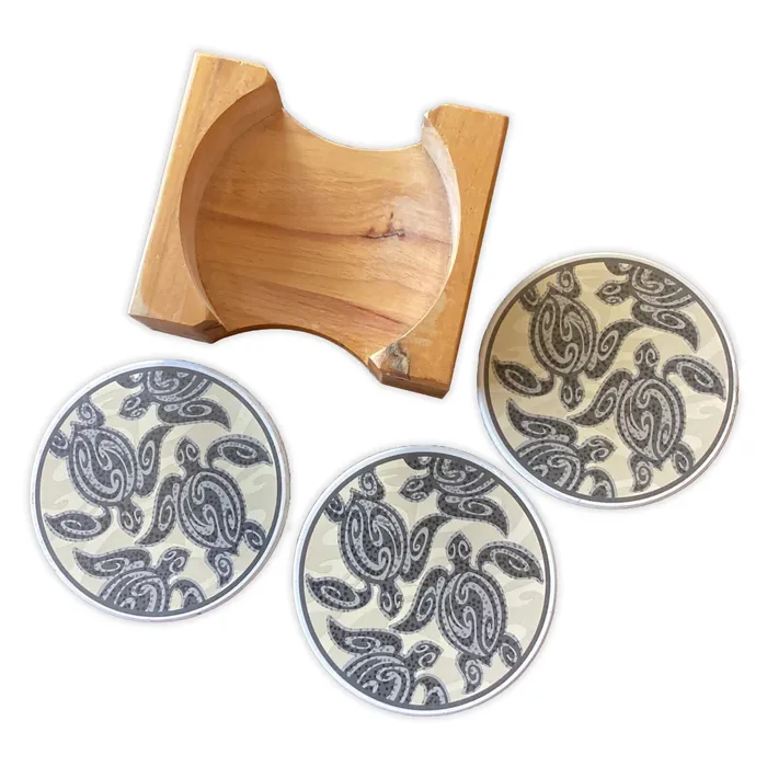 ISLANDERGRP Rings Tribal Honu Coaster Set with Holder 4Piece