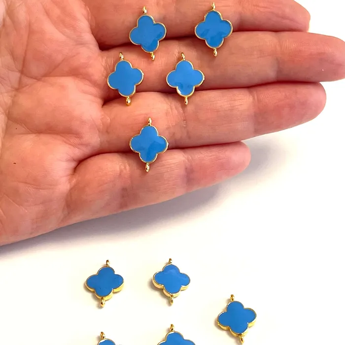 Peppy Beads Earrings 24Kt Gold Plated Blue Enamelled Clover Connector Double Loop Charms 5 pcs in a Pack Peppy Beads Earrings 24Kt Gold Plated Blue Enamelled Clover Connector Double Loop Charms 5 pcs in a Pack