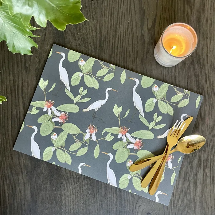 White Herons and Leaves Paper Placemats BALI TRADING Rings