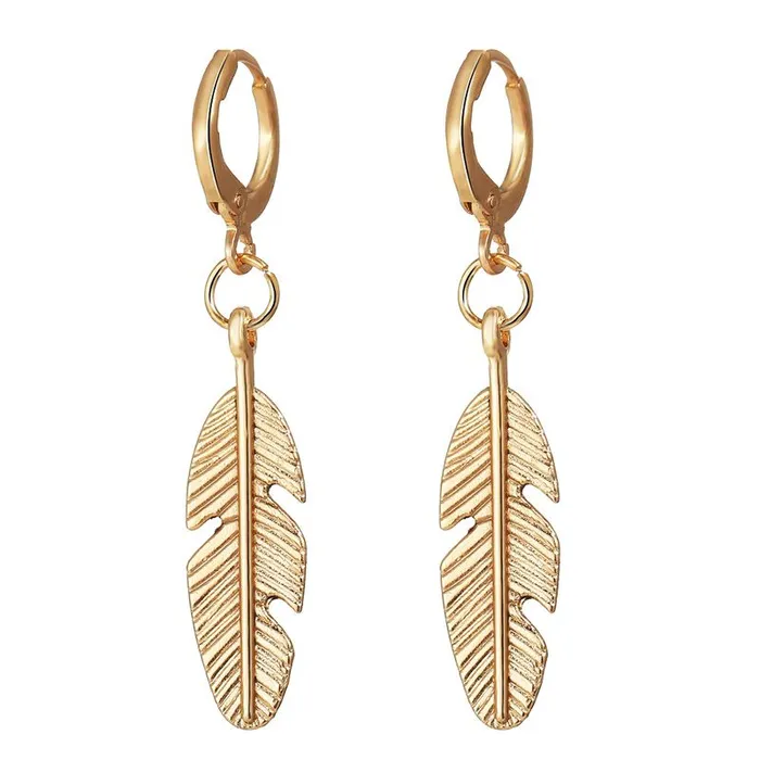 01 Earrings E990 Small Gold Feather Dangle Earrings
