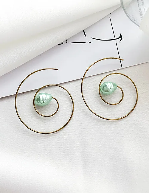 02 Earrings E224 Gold Mint Green Bead Spiral Earrings