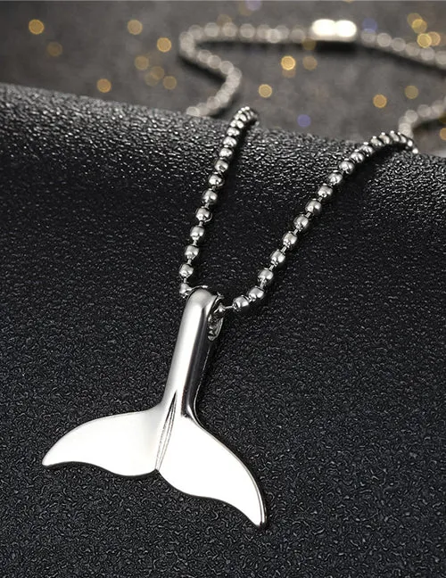 02 Necklaces N903 Silver Whale Tail on Beaded Chain Necklace