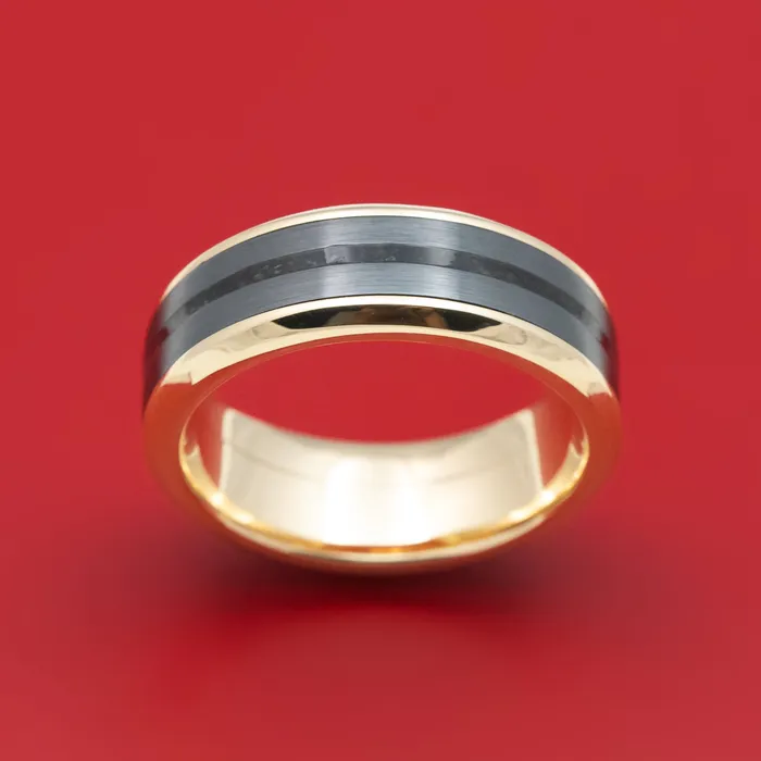 14K Gold Ring with Zirconium and Dinosaur Bone Inlays Custom Made Band Lashbrook Rings 14K Gold Ring with Zirconium and Dinosaur Bone Inlays Custom Made Band Lashbrook Rings