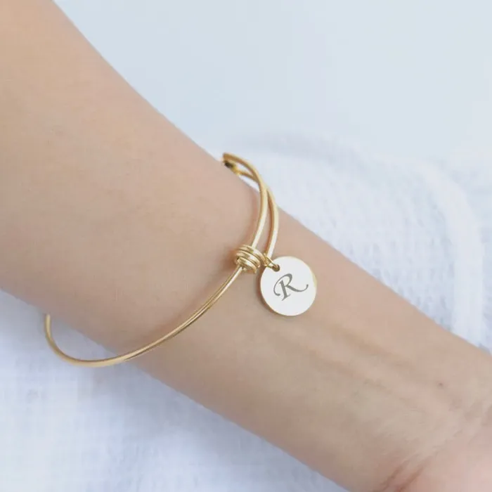 18K GoldFilled Personalized Name Bracelet Large Gold Knot Bangle Customized Engraved Disc Charm Bangle Bracelet Jewelvers Bracelets