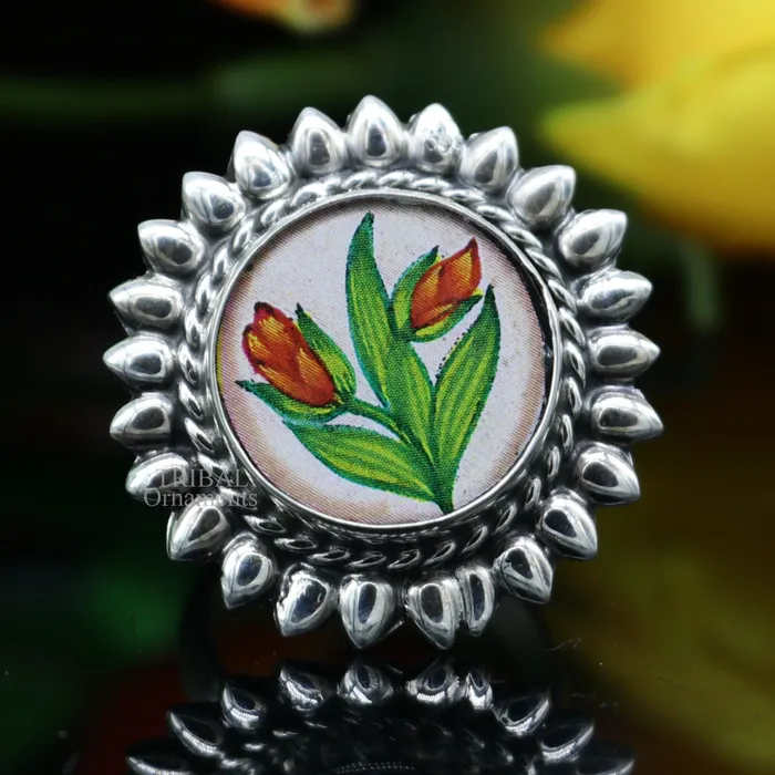 925 sterling silver adjustable ring band with fabulous flower painting ring unisex India jewelry ring505 TRIBAL ORNAMENTS Rings 925 sterling silver adjustable ring band with fabulous flower painting ring unisex India jewelry ring505 TRIBAL ORNAMENTS Rings