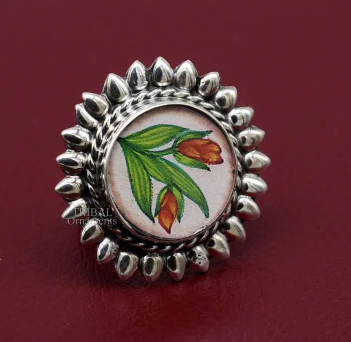 925 sterling silver adjustable ring band with fabulous flower painting ring unisex India jewelry ring505 TRIBAL ORNAMENTS Rings
