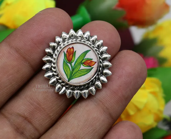 925 sterling silver adjustable ring band with fabulous flower painting ring unisex India jewelry ring505 TRIBAL ORNAMENTS Rings