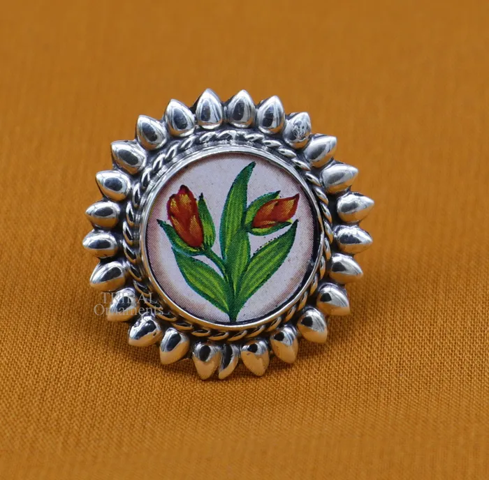 925 sterling silver adjustable ring band with fabulous flower painting ring unisex India jewelry ring505 TRIBAL ORNAMENTS Rings
