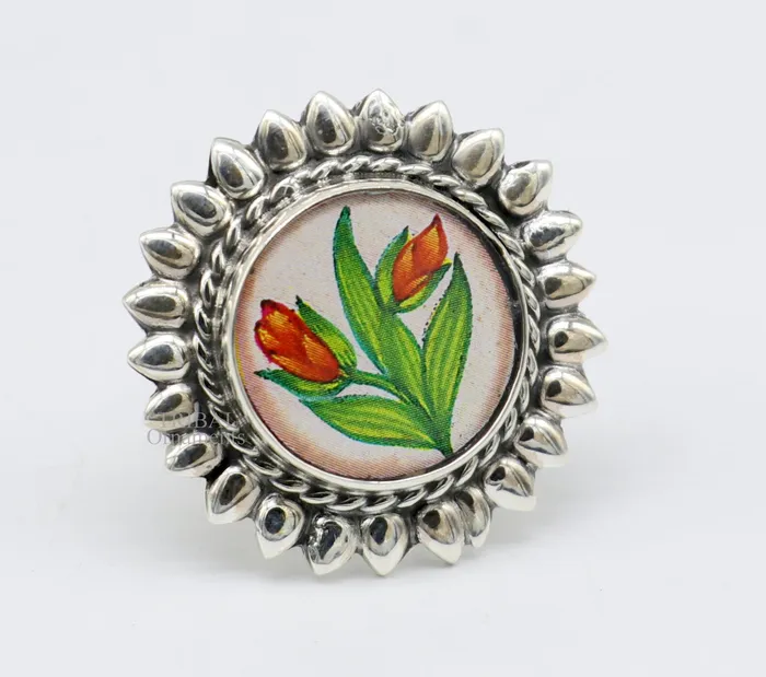 925 sterling silver adjustable ring band with fabulous flower painting ring unisex India jewelry ring505 TRIBAL ORNAMENTS Rings
