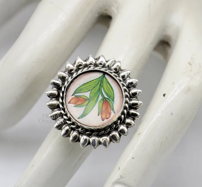 925 sterling silver adjustable ring band with fabulous flower painting ring unisex India jewelry ring505 TRIBAL ORNAMENTS Rings
