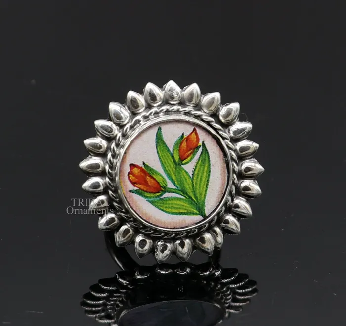 925 sterling silver adjustable ring band with fabulous flower painting ring unisex India jewelry ring505 TRIBAL ORNAMENTS Rings