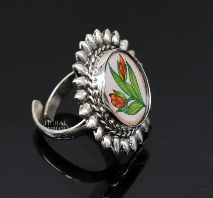 925 sterling silver adjustable ring band with fabulous flower painting ring unisex India jewelry ring505 TRIBAL ORNAMENTS Rings
