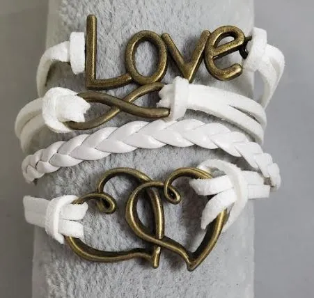 alice Bracelets AZ1058 White Love Heart Infinity Layer Leather Bracelet