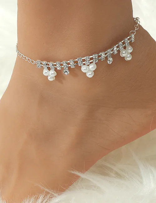 Bracelets 02 B1167 Silver Rhinestone Pearl Cluster Ankle Bracelet