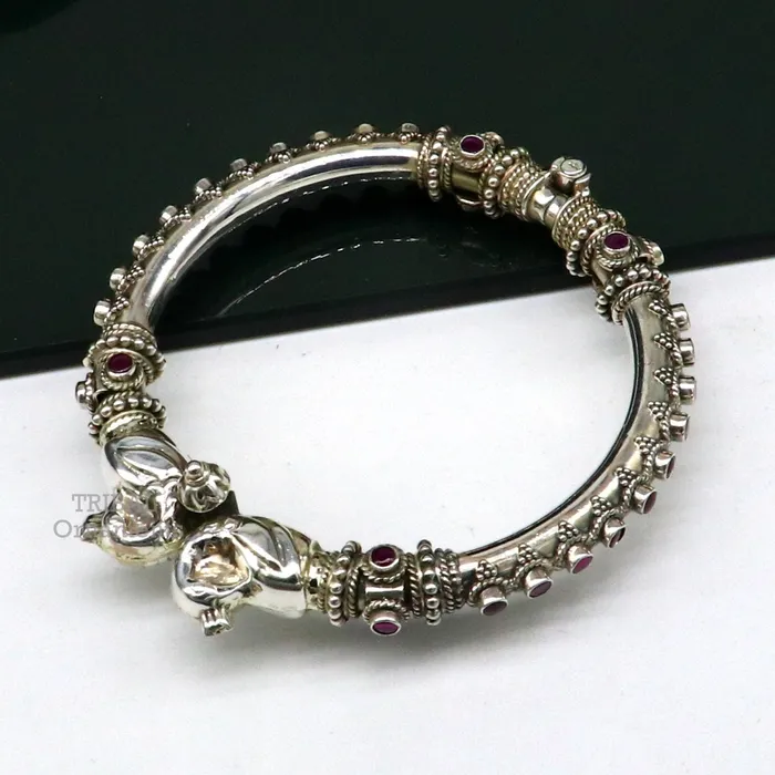 Bracelets TRIBAL ORNAMENTS 925 Sterling silver handmade vintage peacock design cubic zircon stone tribal ethnic belly dance bangle bracelet gifting kada nsk490