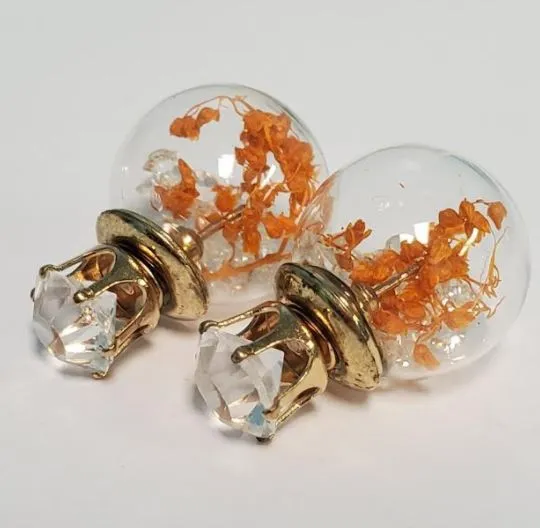 E1029 Gold Rhinestone Gem Orange Vine Filled Ball Earrings Susan Earrings