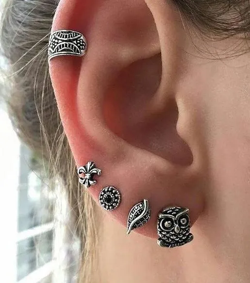 E834 Silver Owl Earring Set 5 Piece 01 Earrings