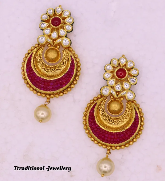 Earrings Vintage antique design handmade 22kt yellow gold kundan stone jadau earrings Fabulous womens jewelry TRIBAL ORNAMENTS