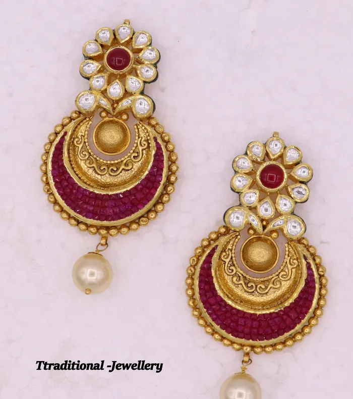 Earrings Vintage antique design handmade 22kt yellow gold kundan stone jadau earrings Fabulous womens jewelry TRIBAL ORNAMENTS