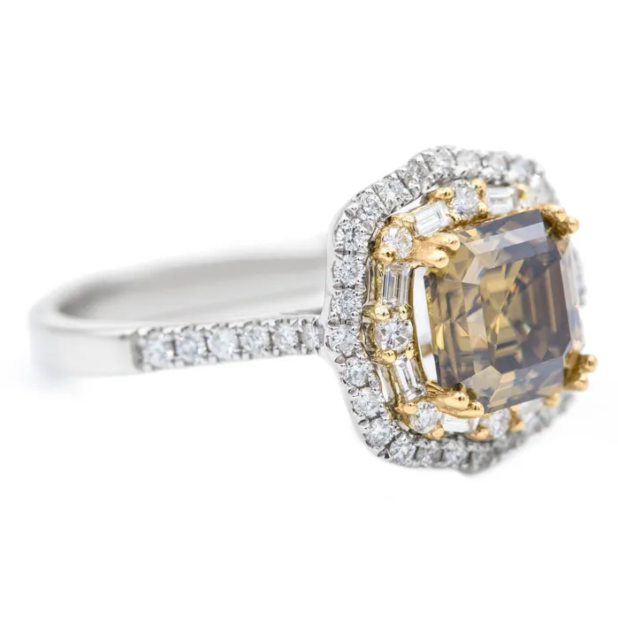 Fire Brilliance Rings 75mm Vintage Cognac Asscher Moissanite Two Toned 14k White Yellow Gold Antique Halo Ring
