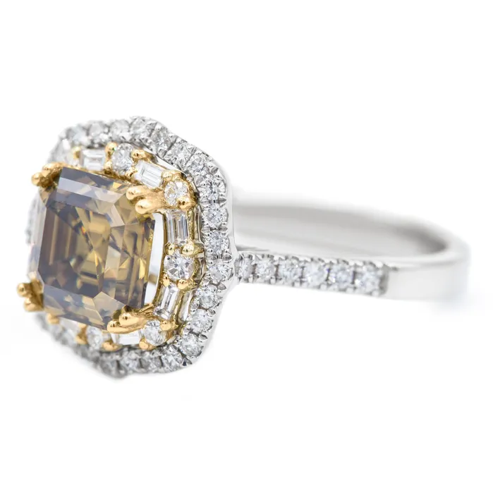Fire Brilliance Rings 75mm Vintage Cognac Asscher Moissanite Two Toned 14k White Yellow Gold Antique Halo Ring