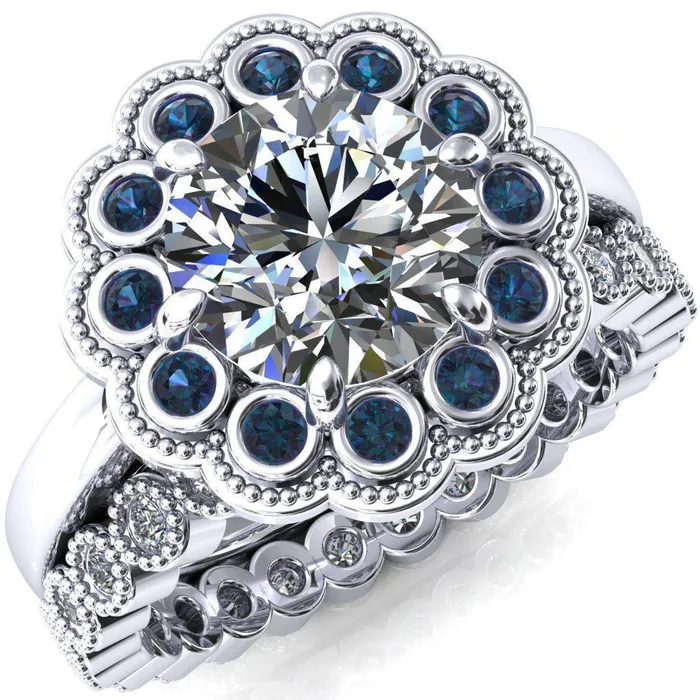 Fire Brilliance Rings Zinnia Round Center Stone 6 Prongs Milgrain Halo Accent Alexandrite Ring Fire Brilliance Rings Zinnia Round Center Stone 6 Prongs Milgrain Halo Accent Alexandrite Ring