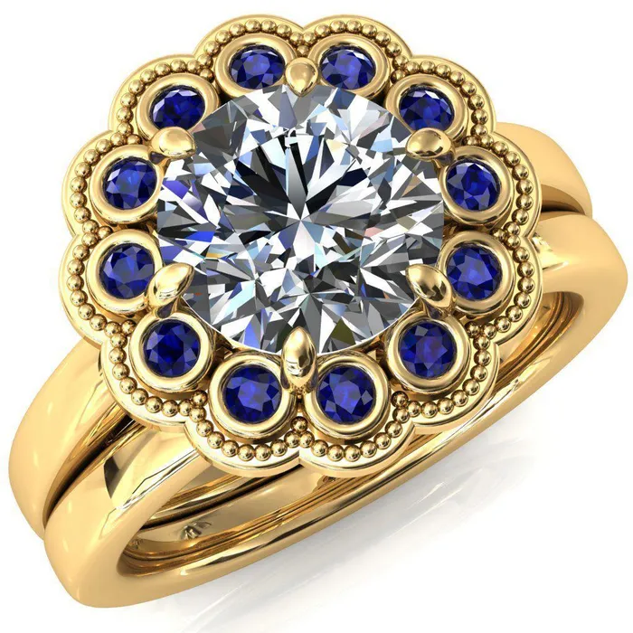 Fire Brilliance Rings Zinnia Round Center Stone 6 Prongs Milgrain Halo Accent Alexandrite Ring