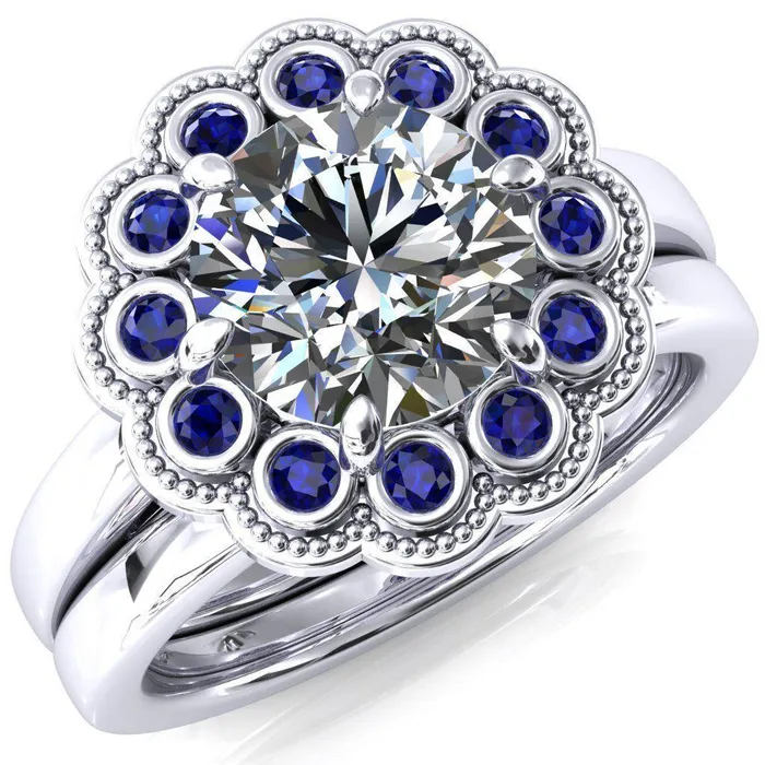 Fire Brilliance Rings Zinnia Round Center Stone 6 Prongs Milgrain Halo Accent Alexandrite Ring