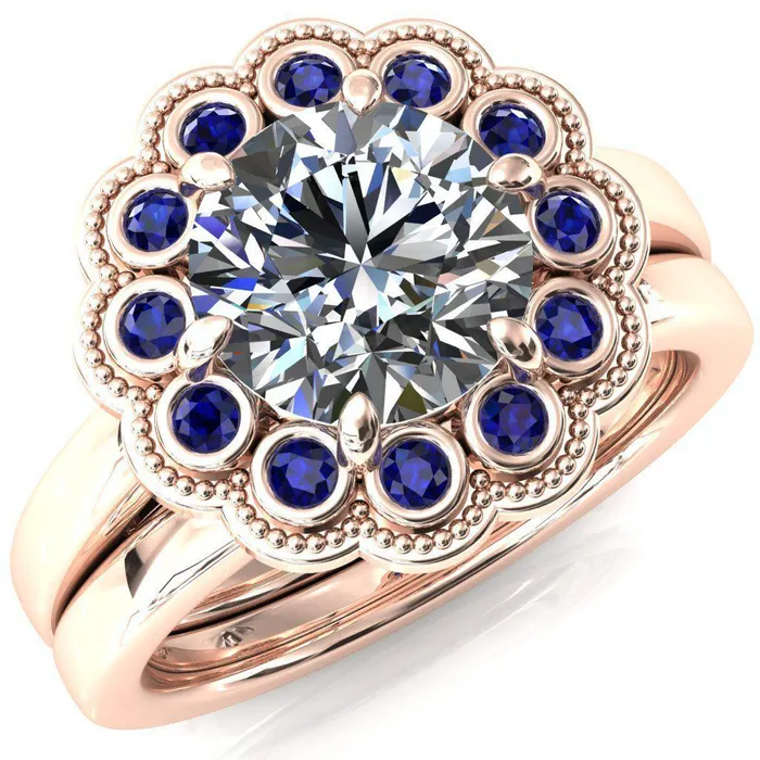 Fire Brilliance Rings Zinnia Round Center Stone 6 Prongs Milgrain Halo Accent Alexandrite Ring