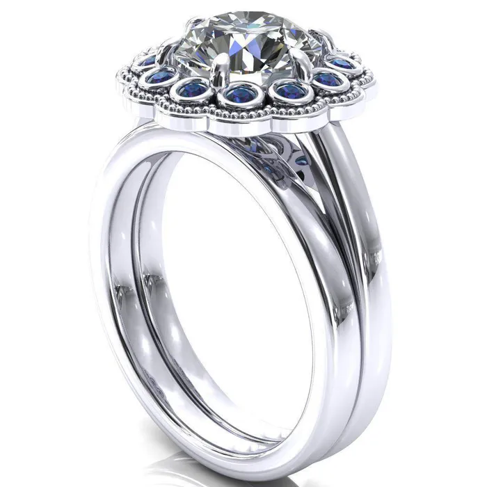 Fire Brilliance Rings Zinnia Round Center Stone 6 Prongs Milgrain Halo Accent Alexandrite Ring