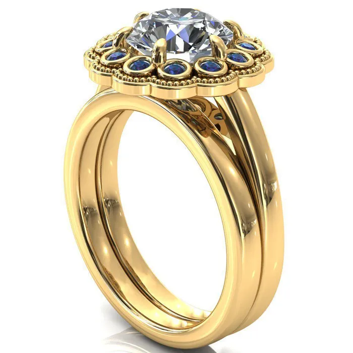 Fire Brilliance Rings Zinnia Round Center Stone 6 Prongs Milgrain Halo Accent Alexandrite Ring