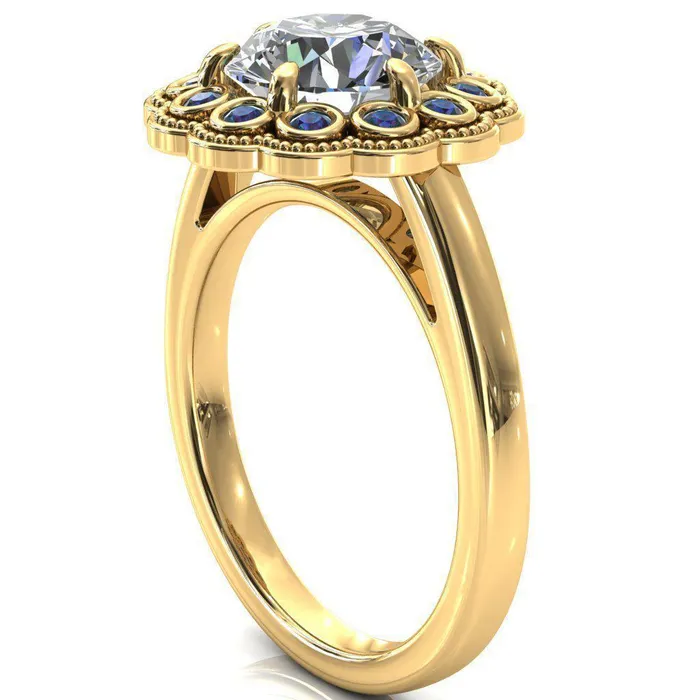 Fire Brilliance Rings Zinnia Round Center Stone 6 Prongs Milgrain Halo Accent Alexandrite Ring