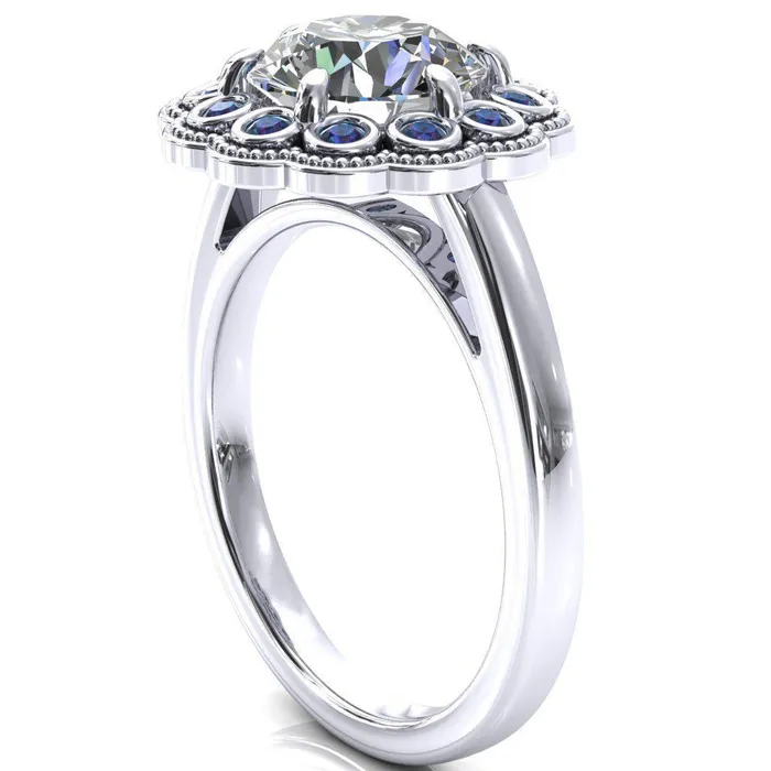 Fire Brilliance Rings Zinnia Round Center Stone 6 Prongs Milgrain Halo Accent Alexandrite Ring