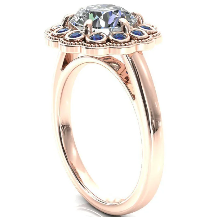 Fire Brilliance Rings Zinnia Round Center Stone 6 Prongs Milgrain Halo Accent Alexandrite Ring