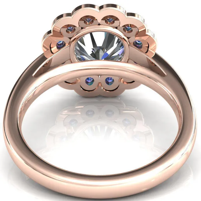 Fire Brilliance Rings Zinnia Round Center Stone 6 Prongs Milgrain Halo Accent Alexandrite Ring