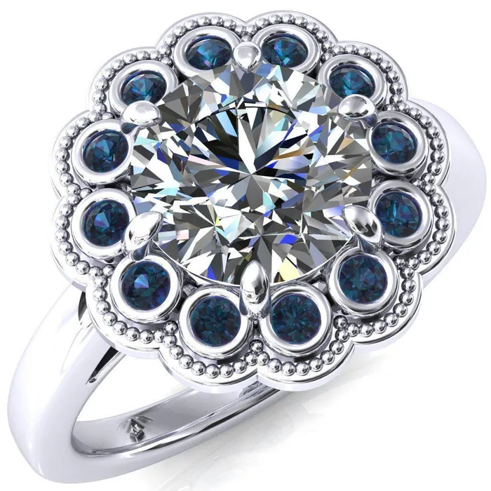 Fire Brilliance Rings Zinnia Round Center Stone 6 Prongs Milgrain Halo Accent Alexandrite Ring