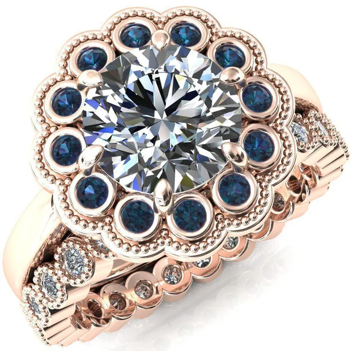 Fire Brilliance Rings Zinnia Round Center Stone 6 Prongs Milgrain Halo Accent Alexandrite Ring