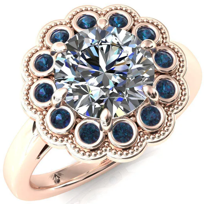 Fire Brilliance Rings Zinnia Round Center Stone 6 Prongs Milgrain Halo Accent Alexandrite Ring