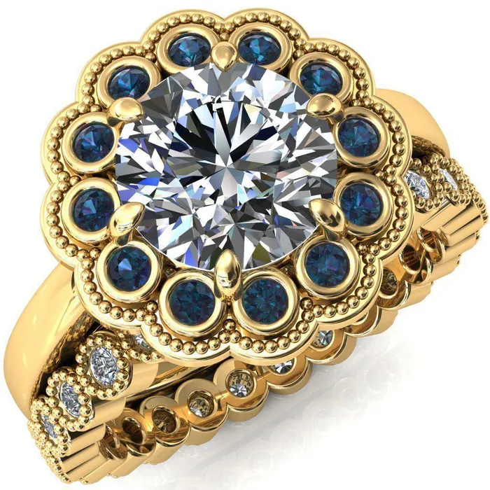 Fire Brilliance Rings Zinnia Round Center Stone 6 Prongs Milgrain Halo Accent Alexandrite Ring