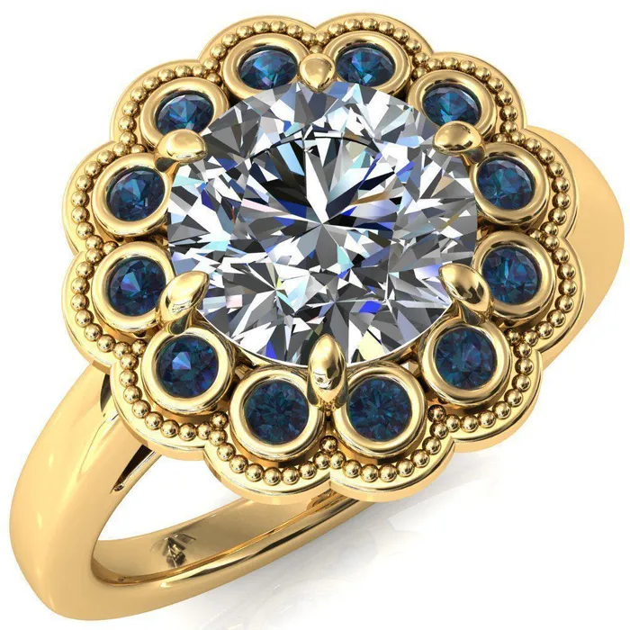 Fire Brilliance Rings Zinnia Round Center Stone 6 Prongs Milgrain Halo Accent Alexandrite Ring