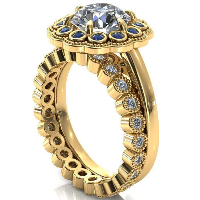 Fire Brilliance Rings Zinnia Round Center Stone 6 Prongs Milgrain Halo Accent Alexandrite Ring