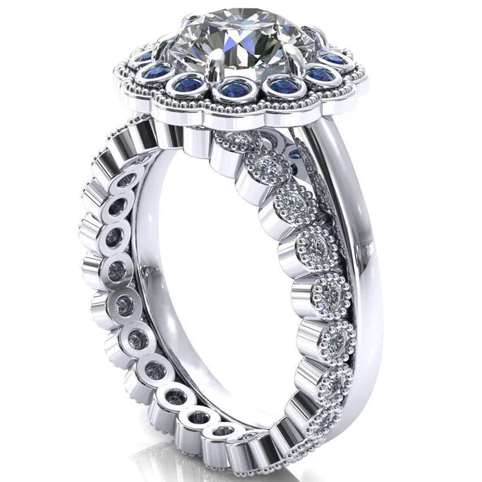 Fire Brilliance Rings Zinnia Round Center Stone 6 Prongs Milgrain Halo Accent Alexandrite Ring