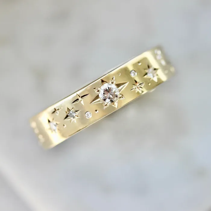 Made By Gem Breakfast Rings Super Moon Star Engraved Diamond Gold Band