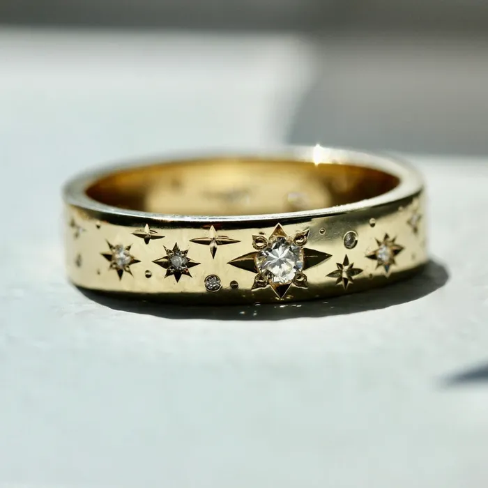 Made By Gem Breakfast Rings Super Moon Star Engraved Diamond Gold Band