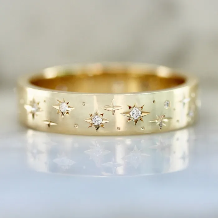 Made By Gem Breakfast Rings Super Moon Star Engraved Diamond Gold Band
