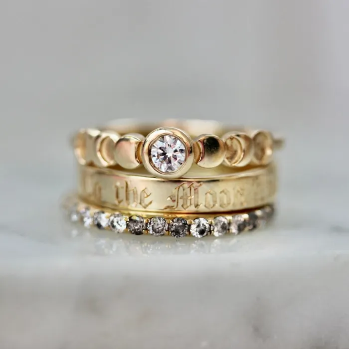Made By Gem Breakfast To The Moon And Back Engraved Gold Band Rings