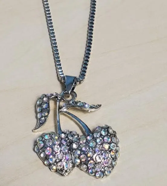 N1092 Silver Iridescent Rhinestone Cherries Necklace with FREE Earrings polly Necklaces N1092 Silver Iridescent Rhinestone Cherries Necklace with FREE Earrings polly Necklaces